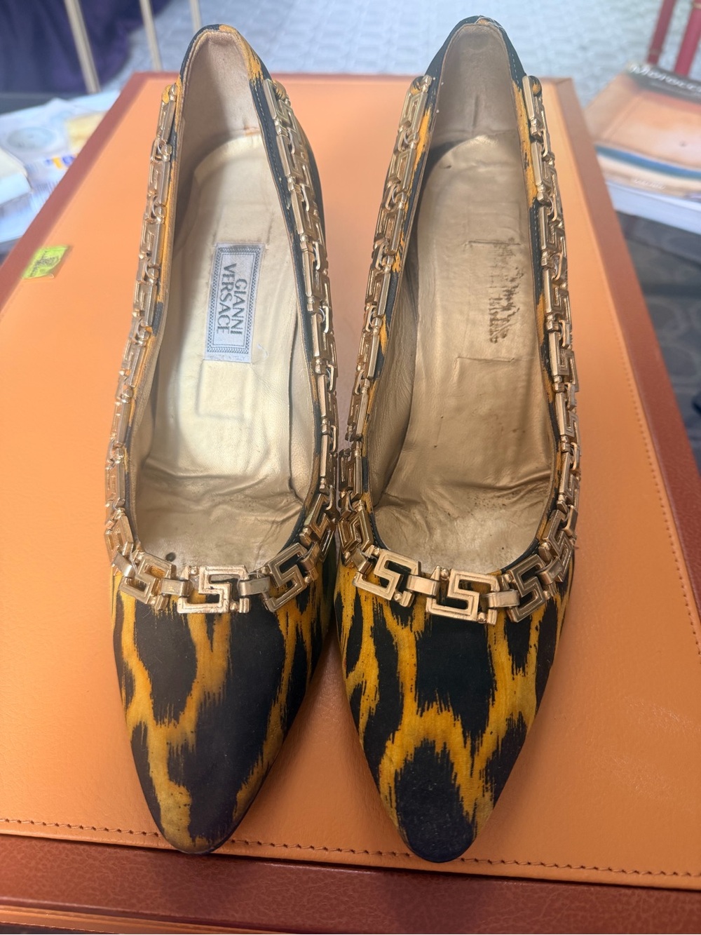 Versace Women's Leopard-Print Pointed Toe Flats in Yellow size 40